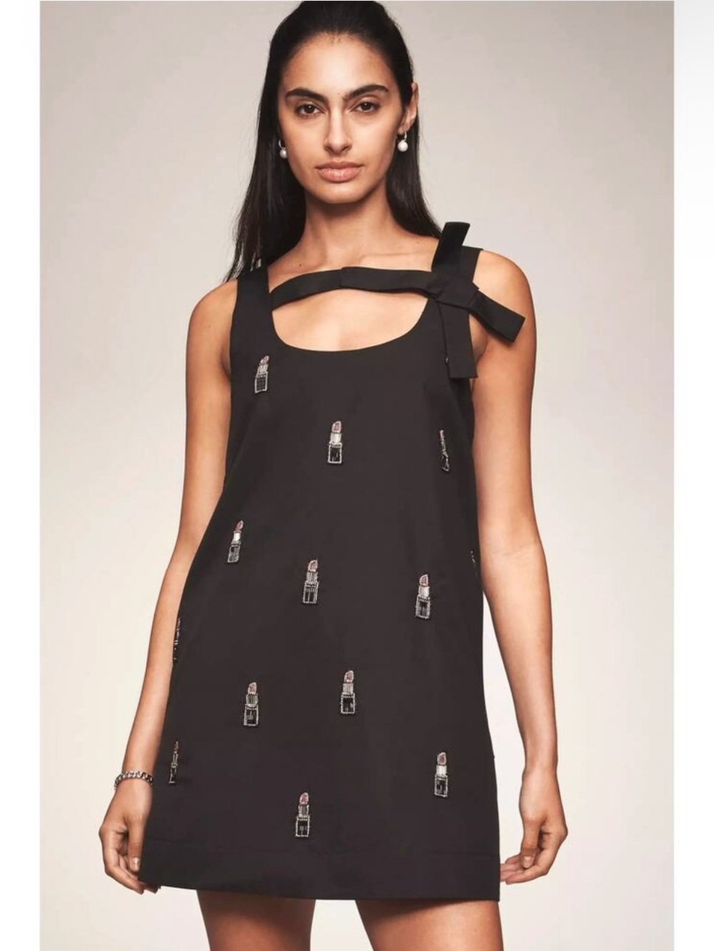 Anthropologie Maeve beaded lipstick Embellished Shift Dress with Bow Strap